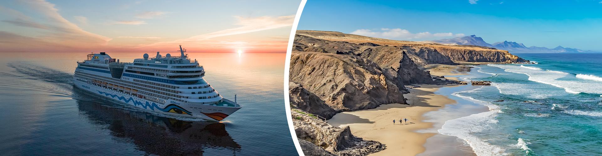Luxuriöses Kreuzfahrtschiff fährt bei Sonnenuntergang an dramatischen Küsten mit Sandstränden vorbei.
