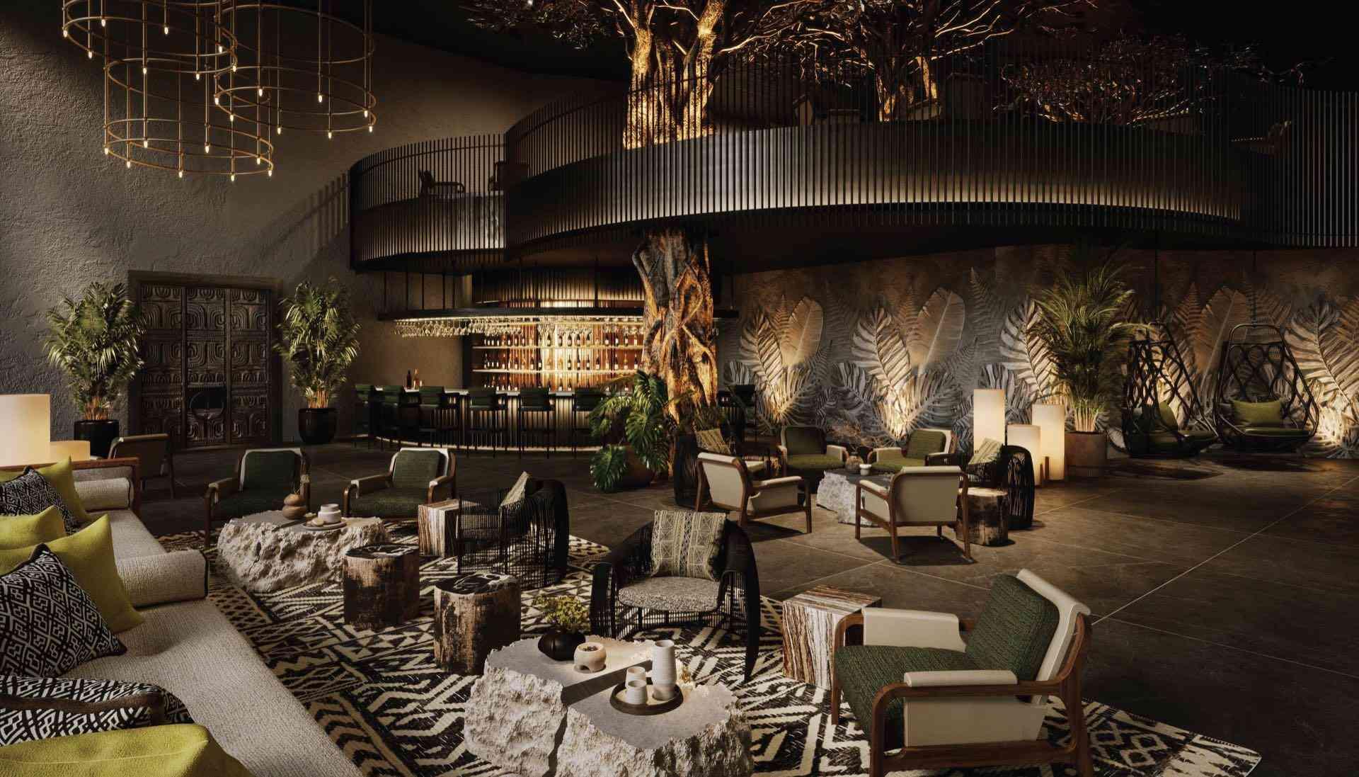 Luxuriöse Hotelbar mit dunklem Holz, modernen Sitzgruppen und stimmungsvoller Beleuchtung.