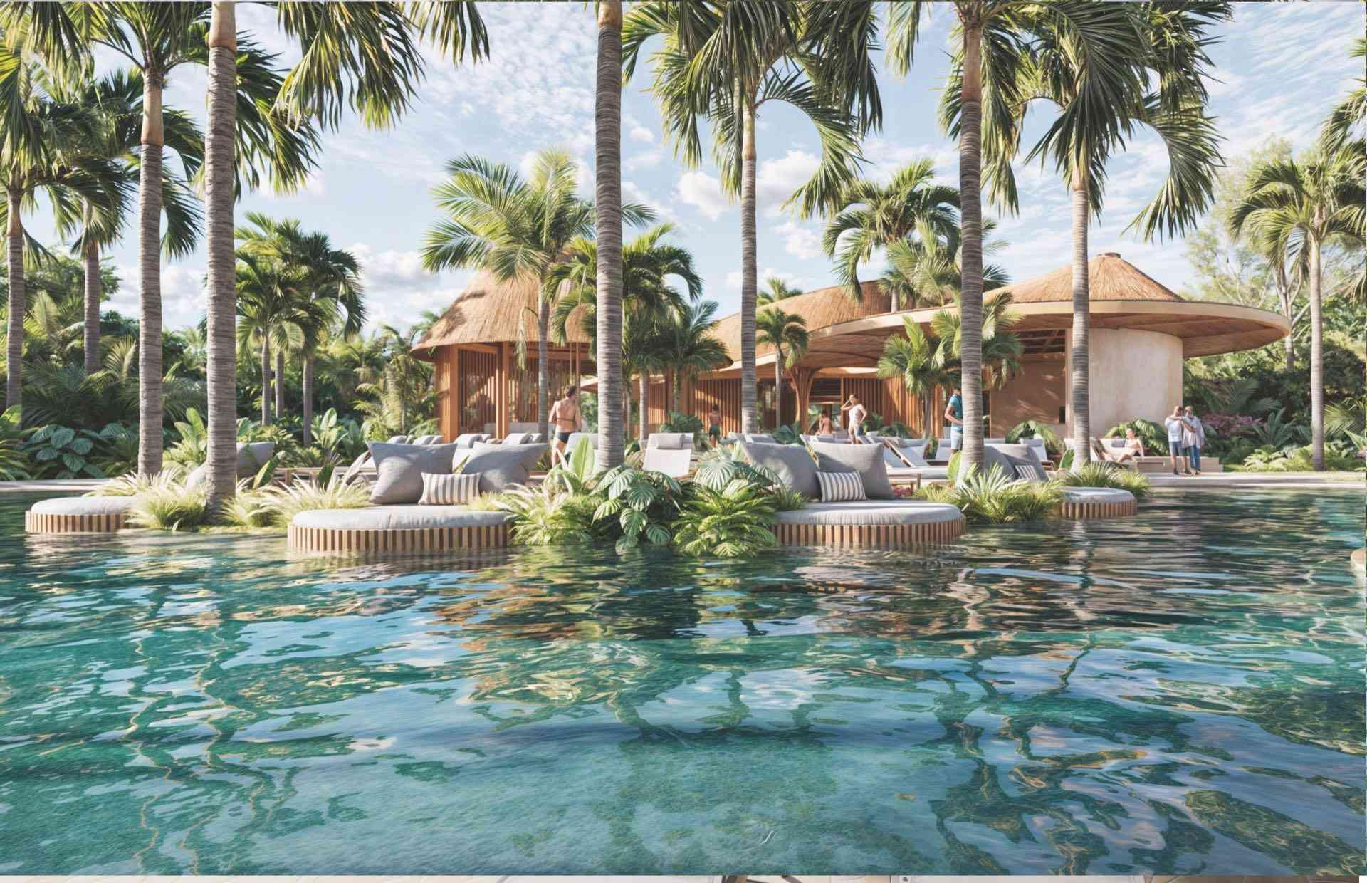 Ein tropisches Resort mit Palmen, klarem Poolwasser und entspannenden Loungemöbeln im Freien.
